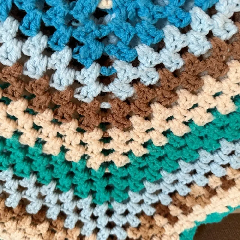 Vintage Handmade Hand Crochet Multicolor Throw Blanket Granny Afghan Grandma